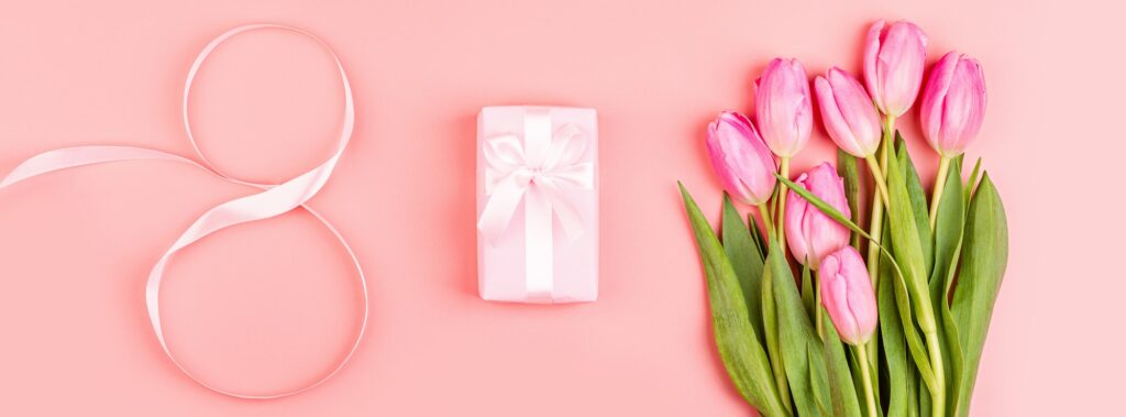 Horizontal long banner for web design of present for 8 March, international women’s day.